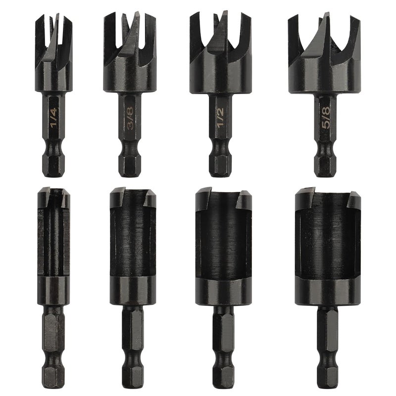 AOKLIT Store Plug Cutter, 8Pcs Wood Plug Cutters Drill Bit Set with 1/4 Hex Shank, Straight and Tapered Taper Cutting Tool 1/4", 5/8", 3/8", 1/2", Black - Image 1